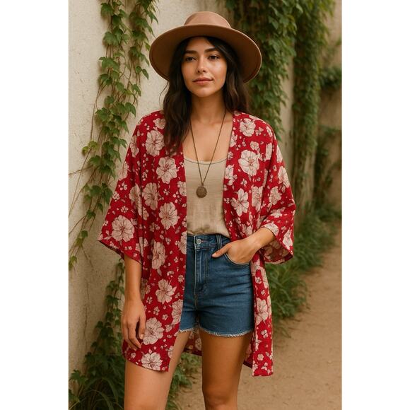 6 for $20 Knox Rose Women's Red Floral Boho 3/4 Sleeve Open Front Kimono M/L - Picture 1 of 5